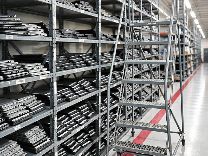 Long rows of steel shelving stacked with refurbished laptops, with a rolling ladder in the aisle.