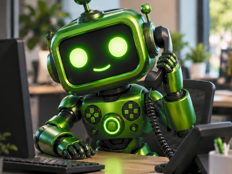 A friendly green robot with glowing eyes takes a call on a desk phone at an office workstation.