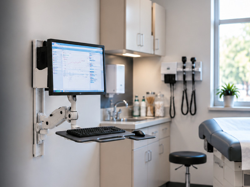 A modern exam room with a wall-mounted computer workstation beside the cabinets and exam table.