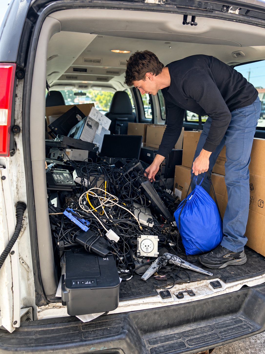 A Regadget team member loading retired computers, cables and equipment into a pickup van.