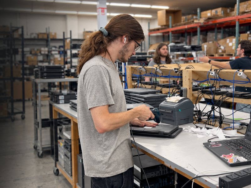 A Regadget technician scans the label on a laptop at a test bench, with laptops wired up for testing and teammates at work behind him.