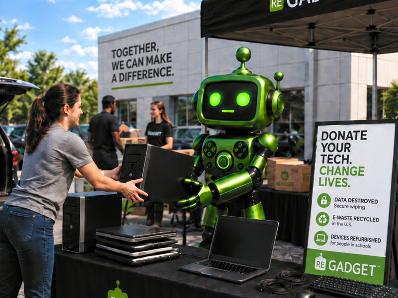 A tech drive booth under a Regadget tent: a volunteer hands a desktop computer to Gadget, Regadget’s green robot mascot, beside a table of collected laptops, with an SUV of donated computers behind her.